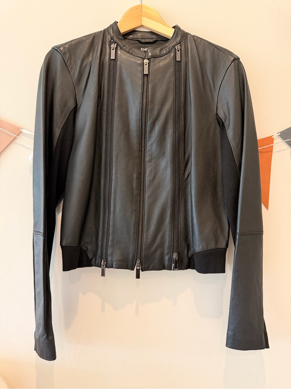 Bebe Black Leather Multi-Zip Bomber Jacket